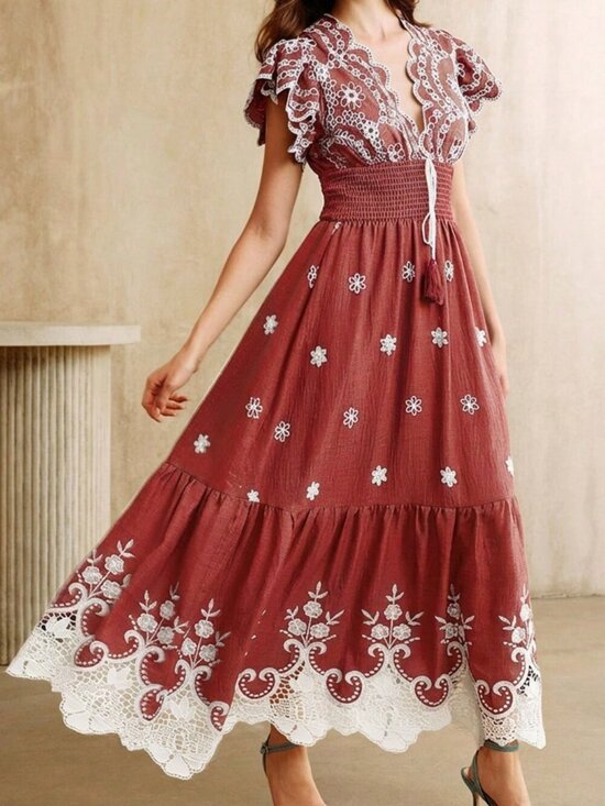 MODA ME COUTURE Dresses & Skirts - Red Boho Women's Embroidered Lace V-Neck Short Sleeve Cinched Maxi Dress